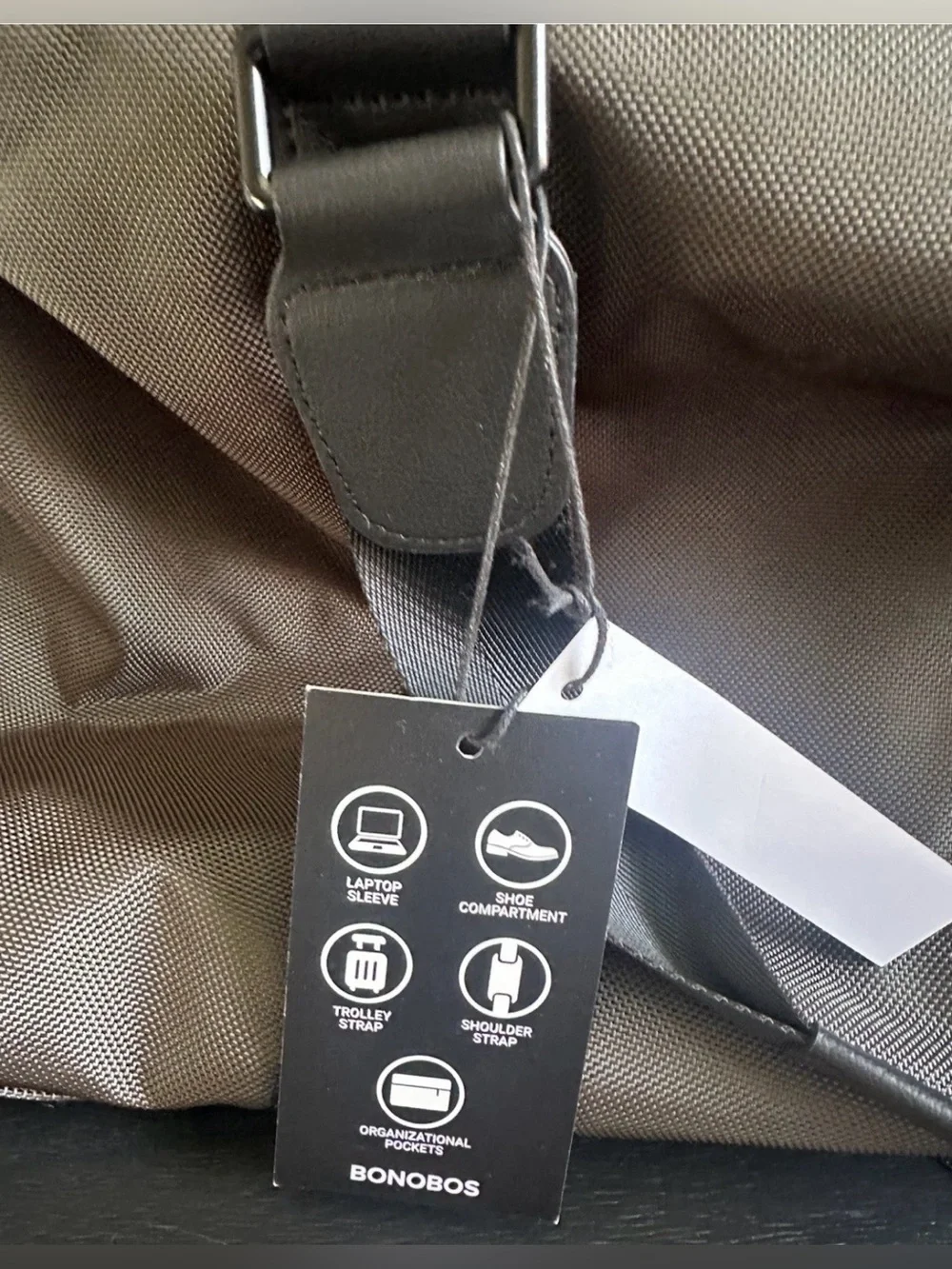 Bonobos Ballistic Nylon Duffle Bag in Olive•Leather Accents•Adjustable Strap•NWT